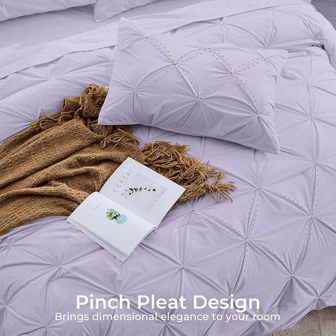 Sasttie Twin Comforter Set, 5-Piece Bed in a Bag, Pintuck Bedding Set for All Season, Includes Comforter, Flat Sheet, Fitted Sheet, Pillowcase and Pillowsham, Lavender