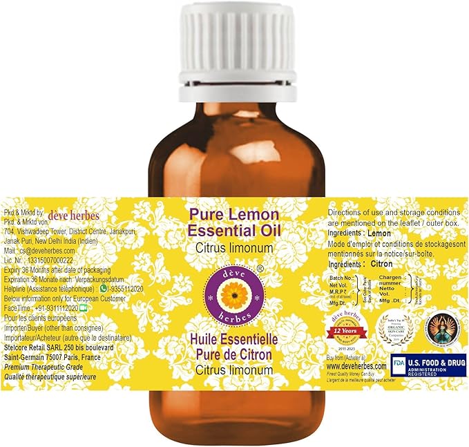 Deve Herbes Pure Lemon Essential Oil (Citrus limonum) Steam Distilled 2ml (0.06 oz)