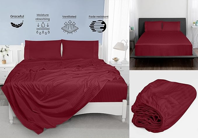 ROYALE LINENS 300 Thread Count 100% Long Staple Combed Cotton Sheet Set - 4 Piece King Bed Sheets - 1 Fitted, 1 Flat & 2 Pillow Cases - Soft Cool & Crisp Sheet Set (King, Stripe Burgundy)