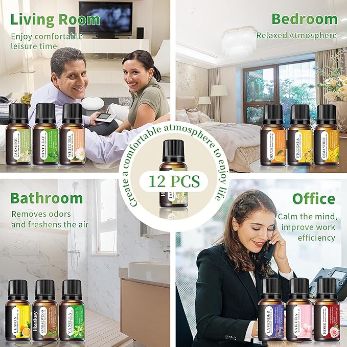 Essential Oils Set, 12 Scents, 10 ML Bottles, Lavender, Lemon, Rose, Jasmine, Vanilla, Sandalwood and More, for Humidifiers, Diffusers, Aromatherapy