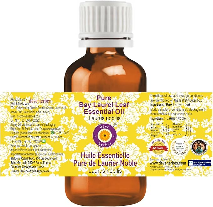 Deve Herbes Pure Bay Laurel Leaf Essential Oil (Laurus nobilis) Steam Distilled (Pack of Two) 100ml X 2 (6.76 oz)