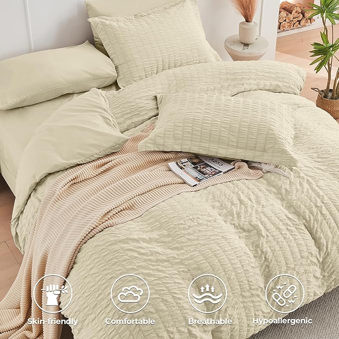 HYMOKEGE Oatmeal King Size Comforter Set Seersucker 7 Pieces, All Season Luxury Bed in a Bag for Bedroom, Bedding Set with Comforter, Sheets, Pillowcases & Shams