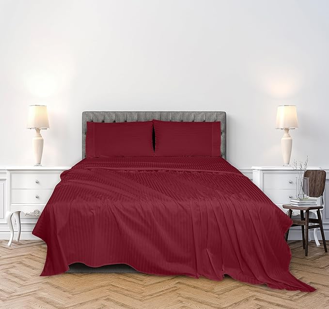 ROYALE LINENS 300 Thread Count 100% Long Staple Combed Cotton Printed Sheet Set - 3 Piece Twin Bed Sheets - 1 Fitted, 1 Flat & Pillow case -Soft Cool & Crisp Sheet Set (Twin, Stripe Burgundy)