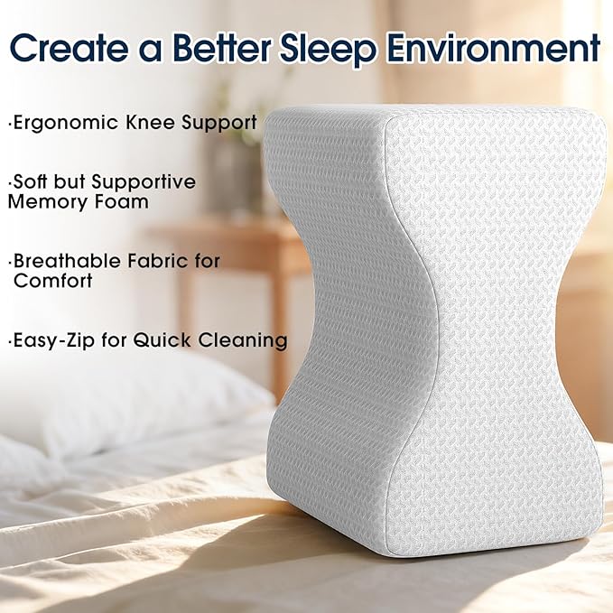 BlissTrends Memory Foam Knee Pillow, Knee Pillow for Side Sleepers, Leg Pillows for Sleeping Blood Circulation, Elevation Pillow for Spine Aligning, Sciatica, Back, Hip, Knee, Ankle Pain, White