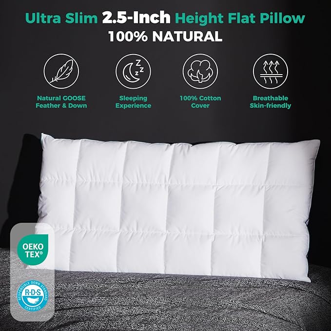 Three Geese Ultra Thin Flat Goose Down Feather Pillows for Sleeping King Size, 2.5" Height, 100% Cotton Cover, Ultra Slim Hotel Collection Bed Pillow for Stomach, Back Sleeper, 18x36 in.