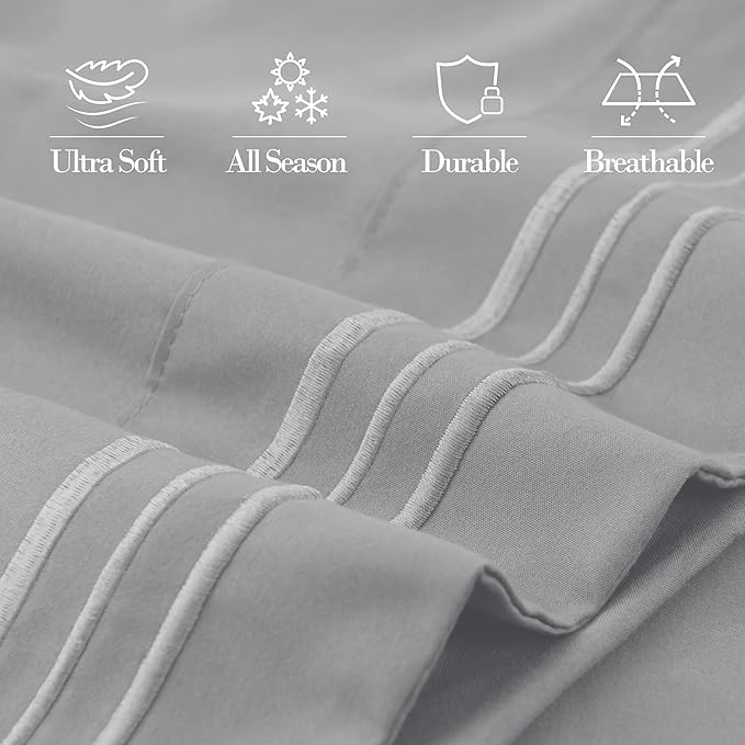 Mocassi 2-Piece Premium King Pillowcase Set 1800 Series Hotel Quality Microfiber - Soft and Breathable with 3-Line Embroidery Wrinkle and Stain Resistant, Easy Care, 20" x 40", Light Gray