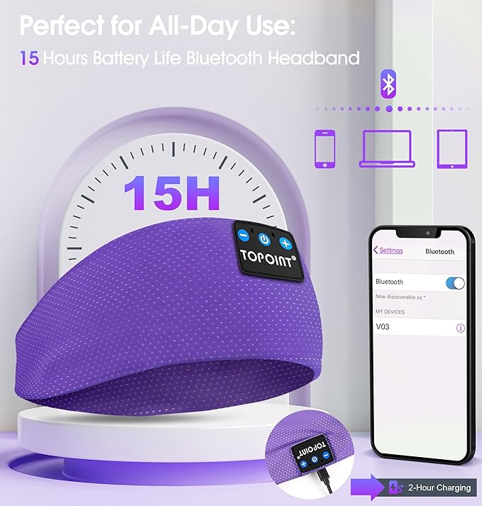 TOPOINT Sleep Headphones Bluetooth 5.4, Sports Wireless Earphones Sweat Breathable with HD Stereo Speaker for Women Men Sports Gifts Workout Jogging Yoga Insomnia Travel Meditation