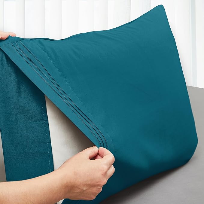 Mocassi 2-Piece Premium King Pillowcase Set 1800 Series Hotel Quality Microfiber - Soft and Breathable with 3-Line Embroidery Wrinkle and Stain Resistant, Easy Care, 20" x 40", Midnight Teal