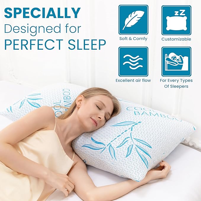ComfySleep Queen Size 2 Pack Rayon Made from Bamboo Pillows for Sleeping, Cooling Shredded Memory Foam Adjustable Bed Pillow with, Removable/Washable Cover (Queen 2 Pack)