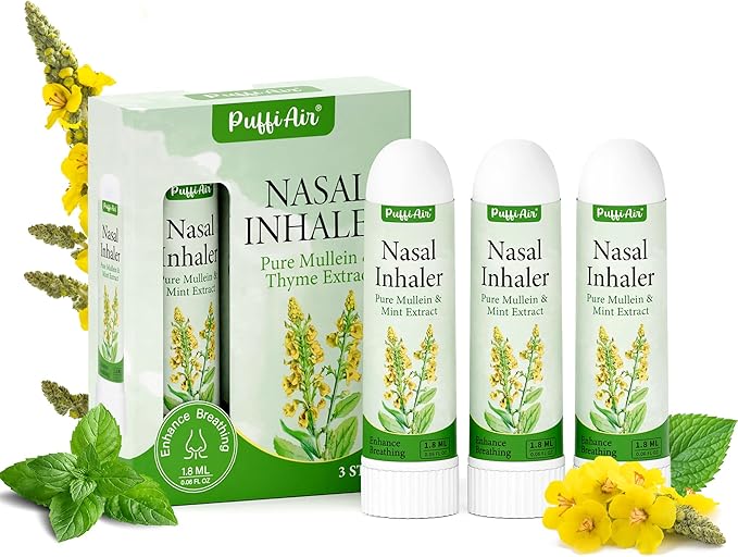 PUFFIAIR Mullein Nasal Sticks (3 Pack) 丨Pure Mullein & Mint Extract丨 Boost Focus, Reduce Fatigue & Stuffy Noses 丨 Support Craving Relief for Smokers, Energy Boost & Respiratory Health