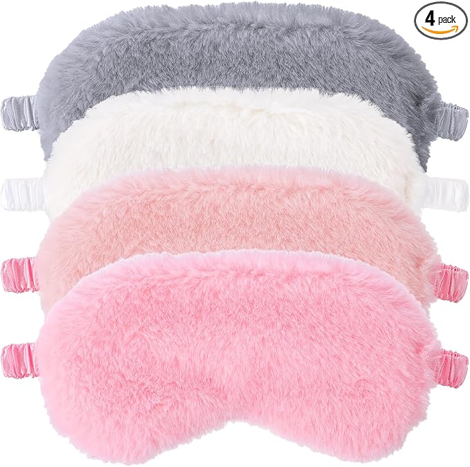 cobee 4 Pcs Plush Eye Mask, Soft Sleeping Blindfold Eyes Cover Comfortable Sleep Mask Plush Blindfold Satin Back PlushSleep Masks Night Eyeshade Cover for Home Travel Office(4 Colors)