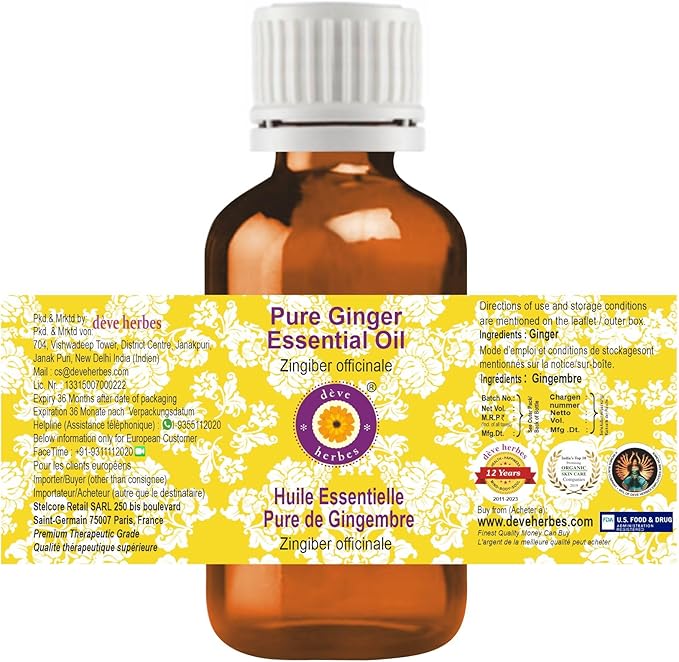 Deve Herbes Pure Ginger Essential Oil (Zingiber officinale) Steam Distilled 50ml (1.69 oz)
