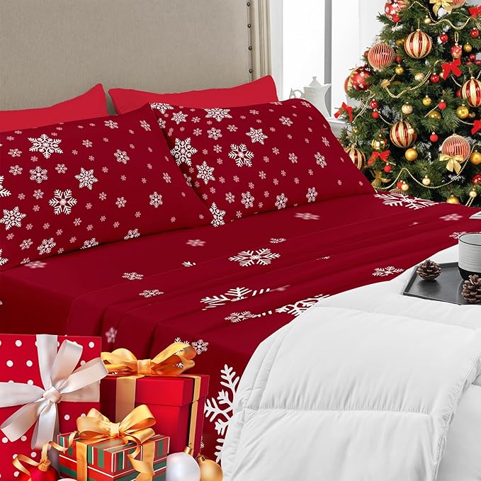 YIYEA Christmas Pillow Cases Queen Size Set of 4, Ultra Soft Double Brushed Microfiber Red Pillowcases and Christmas Snowflake Pillow Covers, Envelope Closure, Fade Resistant (20"x30")