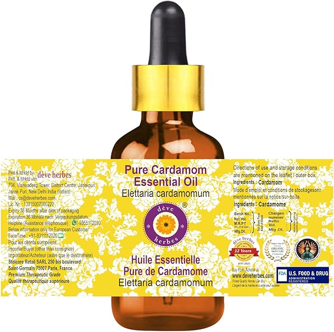 Deve Herbes Pure Cardamom Essential Oil (Elettaria cardamomum) with Glass Dropper Steam Distilled 10ml (0.33 oz)