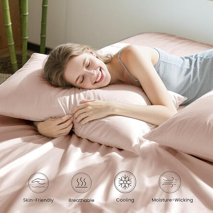 Love's cabin 4 Piece Full Size Sheet Set, 100% Rayon Derived from Bamboo, Cooling & Breathable, Soft Silky Deep Pocket up to 16", Hotel Luxury Bedding for Hot Sleepers, Pink