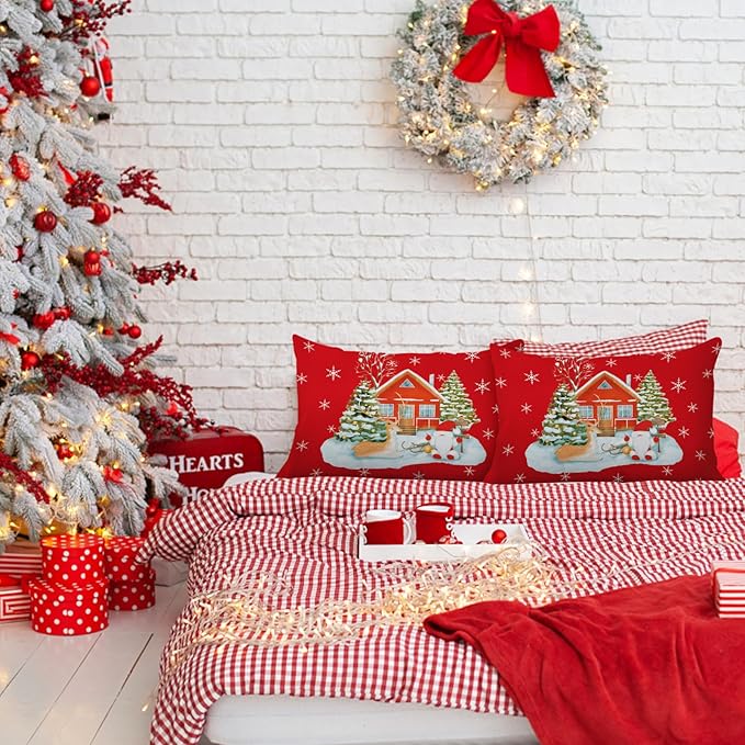 YIYEA Christmas Pillow Cases Queen Size Set of 2, Ultra Soft Double Brushed Microfiber Pillowcases Queen, Christmas Bed Pillow Covers, Fade Resistant, Easy Slip-On (20"x30")