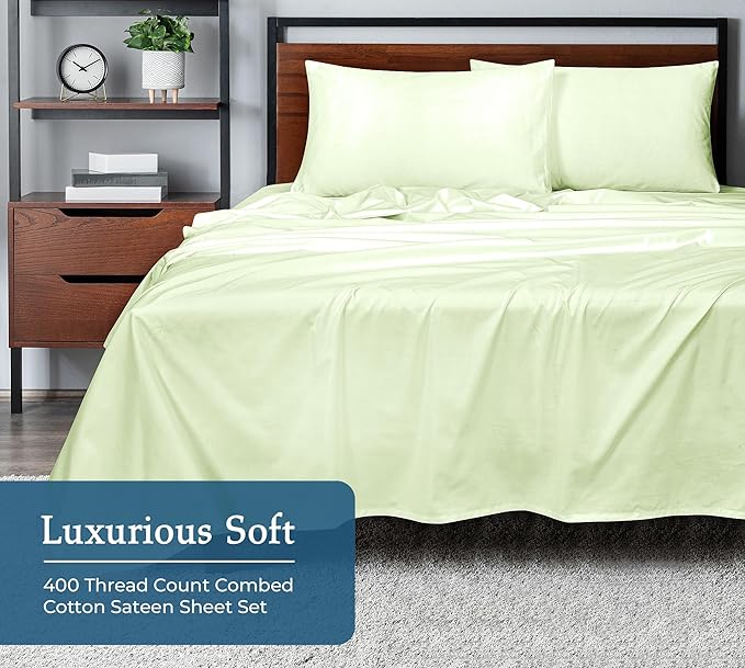 ROYALE LINENS 400 Thread Count 100% American Grown Cotton 4 Piece Sateen Full Sheet Set - 1 Fitted Sheet, 1 Flat Sheet, 2 Pillow case - Green Full Bedsheet - Cotton Sheets - (Full, Florentine Sage)