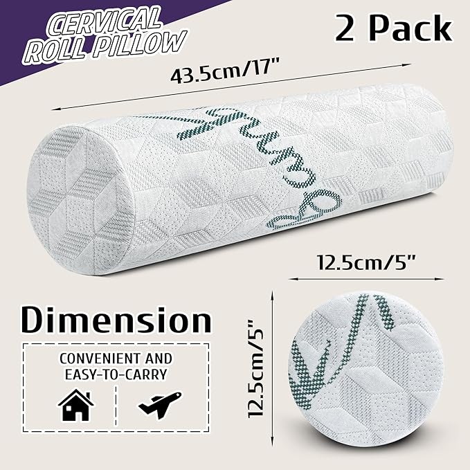 Round Cervical Roll Cylinder Bolster Pillow with Removable Washable Cover, Designed for Head, Neck, Back, and Legs, 2 Pack 5" x 17"