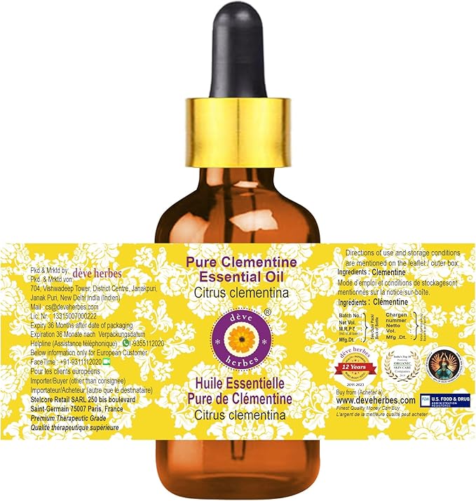Deve Herbes Pure Clementine Essential Oil (Citrus Clementina) with Glass Dropper Steam Distilled 5ml (0.16 oz)
