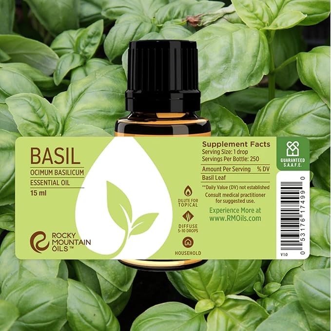 Rocky Mountain Oils - Basil Essential Oil 15ml - Essential Oil Kit Includes, Citrus Purify, & First Aid, for Diffuser