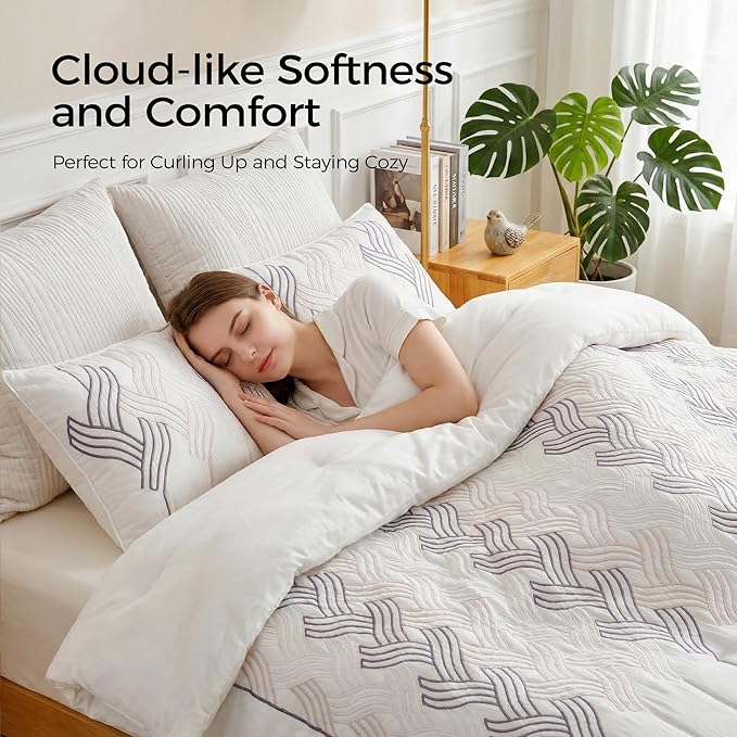 UNIKOME King Size Comforter Set White - Luxury Rope Embroidery Ultra Soft Lightweight Warm Bedding Set for All Seasons, 3 Pieces Down Alternative Bed Set with Comforter, 2 Pillowcases