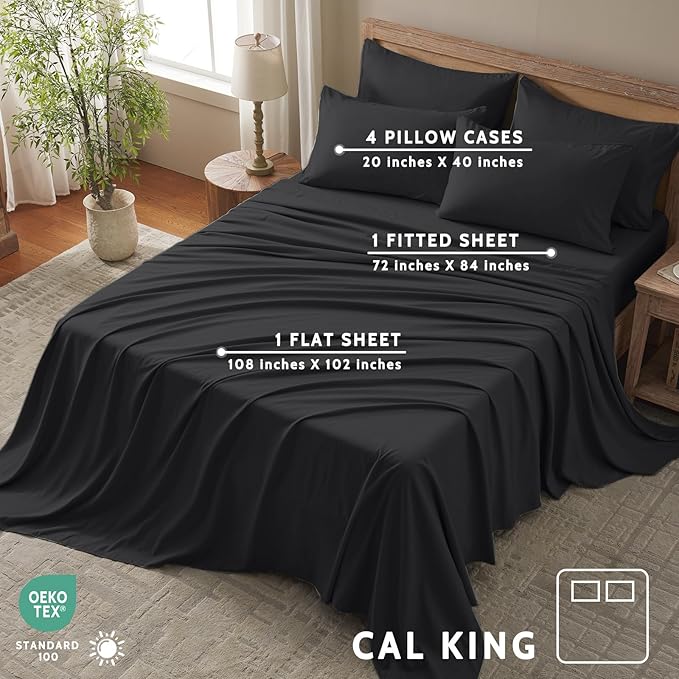 Cal King Size Sheets Set - 6 Piece Luxuriously Soft & Cooling Sheets Cal King Size - Ultra Soft 16" Deep Pocket Cal King Sheet Set - Fitted Sheet & Pillowcase Sets (Cal King Balck)