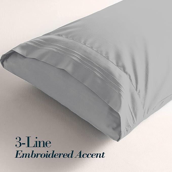 Mocassi 2-Piece Premium King Pillowcase Set 1800 Series Hotel Quality Microfiber - Soft and Breathable with 3-Line Embroidery Wrinkle and Stain Resistant, Easy Care, 20" x 40", Light Gray