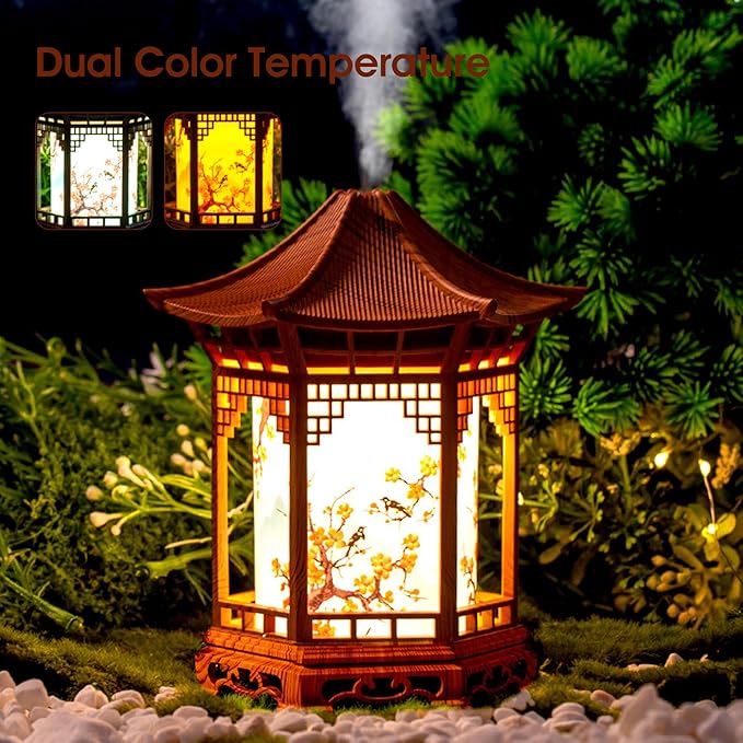 Aroma Diffuser, Lantern Diffuser & Chinese Lamp Night Light - 160ml Essential Oil Diffusers with Dual Mist Modes, Dual Color Temp, Shallow Wood Grain for Home Bedroom Office, Khaki