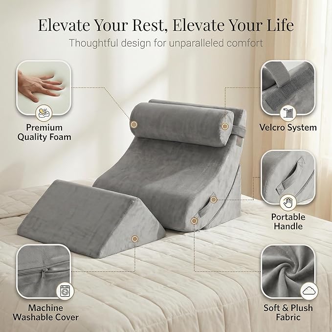 Axelrod 4PCS Orthopedic Bed Wedge Pillow Set, Post Surgery Foam for Back, Neck and Leg Pain Relief Comfortable & Adjustable Ortho Pillows- Anti Snoring, Heartburn, Acid Reflux & GERD Sleeping Grey