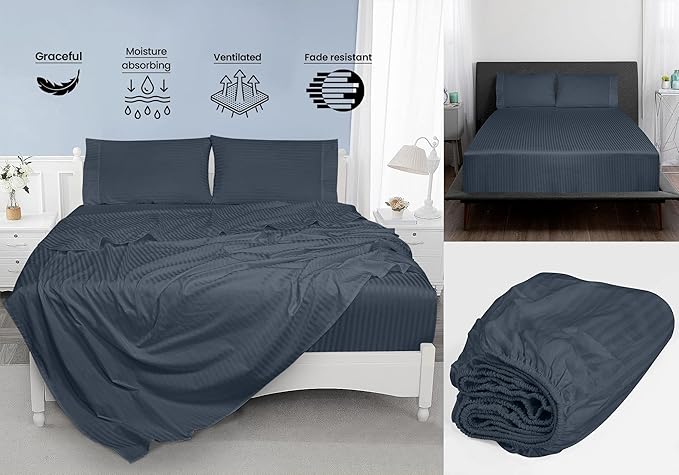 ROYALE LINENS 300 Thread Count 100% Long Staple Combed Cotton Printed Sheet Set - 4 Piece Full Bed Sheets - 1 Fitted, 1 Flat, 2 Pillow Cases -Soft Cool & Crisp Sheet Set (Full, Stripe Navy)