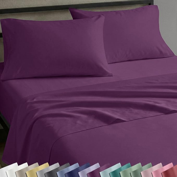 California Design Den 12" Pocket Bed Sheets Twin Size Set - Natural 100% Cotton Sheets, Soft Sateen Weave, All Around Elastic, Breathable and Durable Bedding - Purple Passion