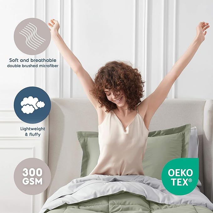 Nestl 7 Piece Twin Comforter Set – Light Sage Reversible Bed in a Bag – Complete Twin Size Bedding Set with Sheets, Set of 2 Down Alternative Pillows, Pillowcase and Sham
