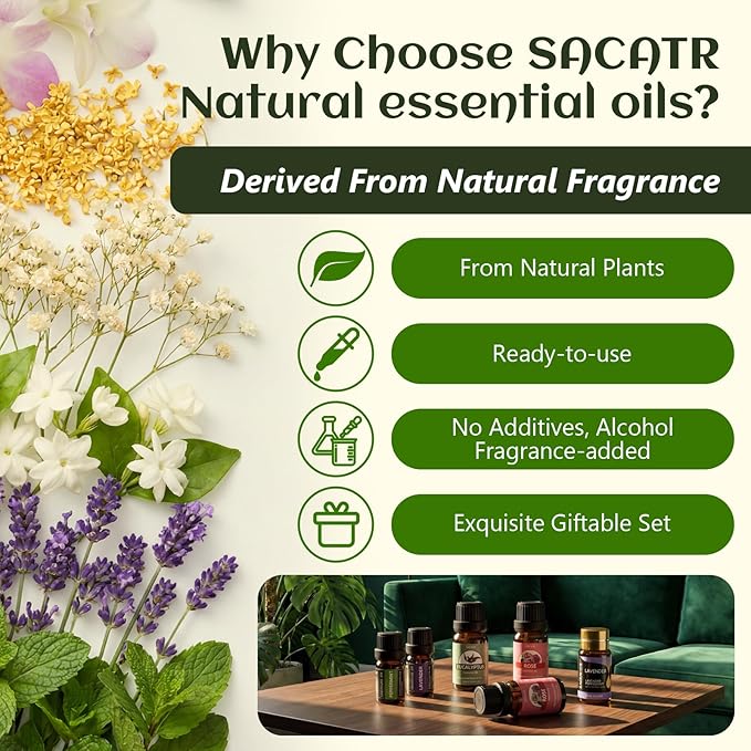Essential Oils by SACATR Natural Essential Oil Set -12 Essential Oils Gift Set for Diffuser, Massage, Fragrance Oil Scent for DIY Candle and Soap Making (12 * 5ML)