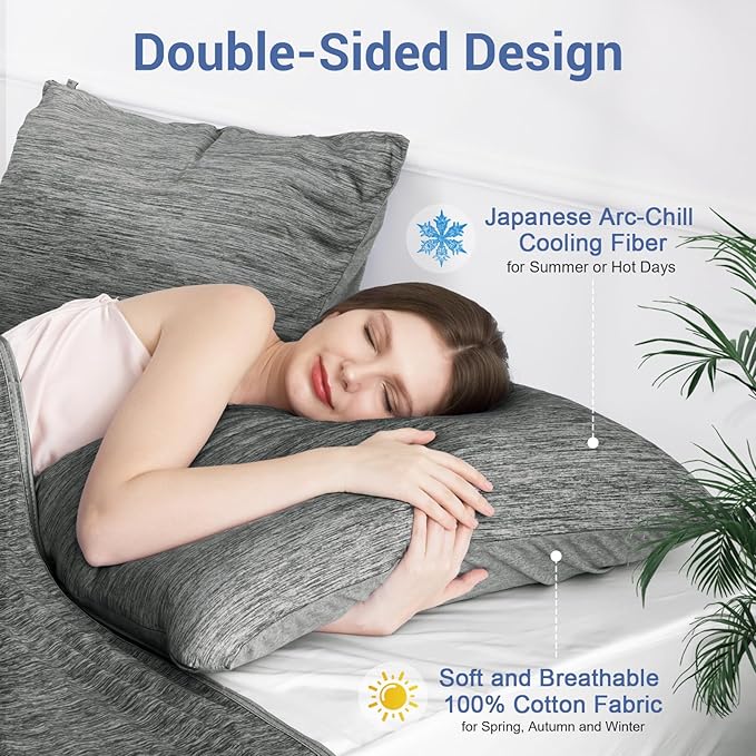 Elegear Cooling Pillow Cases for Hot Sleepers, Japanese Q-Max 0.5 Cooling Pillowcases, Both Sides(Cooling/Cotton), Breathable Soft Pillowcase for Hair and Skin, Set of 2-Dark Gray Queen (20'' x 30'')
