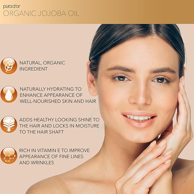 PURA D'OR ORGANIC Jojoba Oil (16.9 Oz GLASS BOTTLE) USDA Certified - 100% Pure & Natural