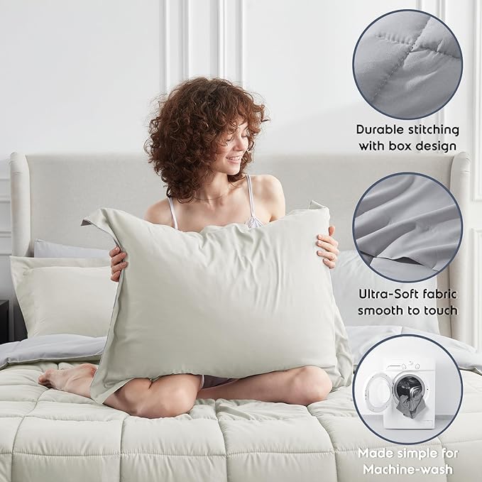 Nestl 9 Piece Queen Comforter Set – Off White Reversible Bed in a Bag – Complete Queen Size Bedding Set with Sheets, Set of 2 Cooling Pillows, Pillowcases and Shams