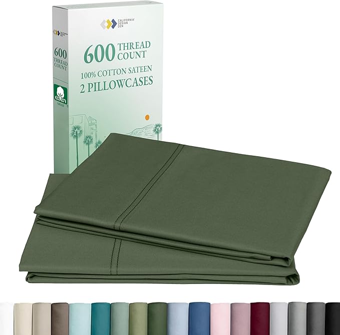 California Design Den King Size Pillowcase Set of 2 - Luxuriously Soft Premium 600 Thread Count, 100% Cotton Pillow Case Covers, Crisp Sateen, Fits King Pillows - Dark Olive Green