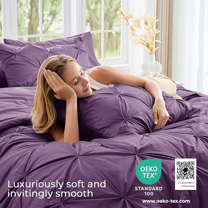 Sasttie Full Size Comforter Set, 7-Piece Bed in a Bag Double, Pintuck Bedding Set for All Season, Includes Comforter, Flat Sheet, Fitted Sheet, Pillowcases and Pillowshams, Grape Purple