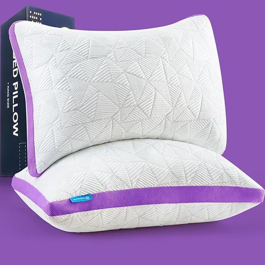 BETU Cooling Pillows Standard Size Set of 2, Shredded Memory Foam Cool Pillows for Hot Sleepers, Adjustable Firm Soft Support Bed Pillow Perfect for Back Neck Pain and Side Sleeping, Purple