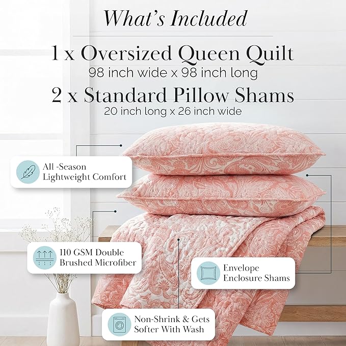 Southshore Fine Living, Inc. Paisley Quilt Queen Size Bedding Set, Summer Coverlet, Boho Bedspread, 3-Piece Farmhouse Bedding with Two Matching Pillow Shams, Full/Queen Bed Set, Reversible Coral