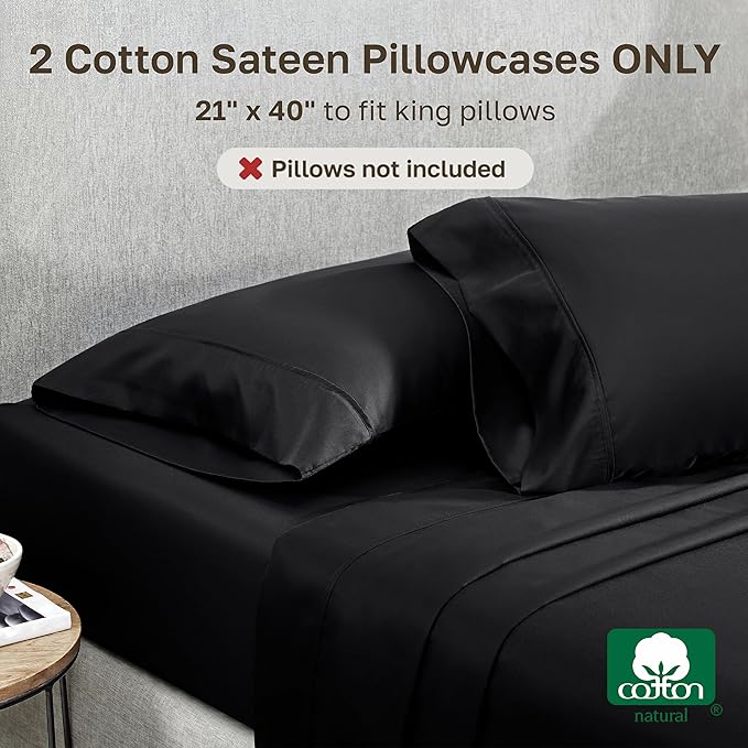 California Design Den King Size Pillowcase Set - 400 Thread Count, 100% Cotton Sateen, Set of 2 Pillow Covers, Soft and Breathable - Black