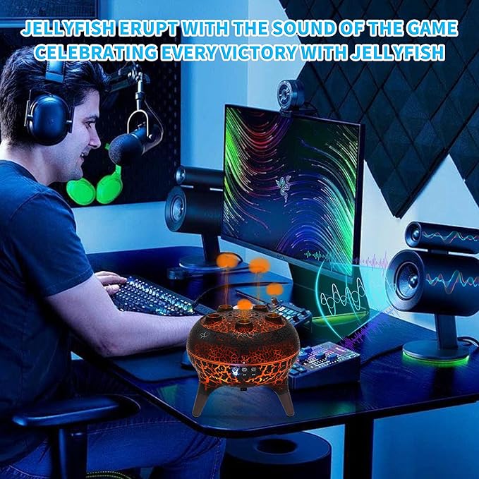 KCKJ Jellyfish Essential Oil Diffuser Sound-Activated Spray Dancing Jellyfish,250ml Aroma Air Diffuser, 3 Mist Modes & 7 Color Lights, Volcanic Lava Design for Home Bedroom(Black Crack)
