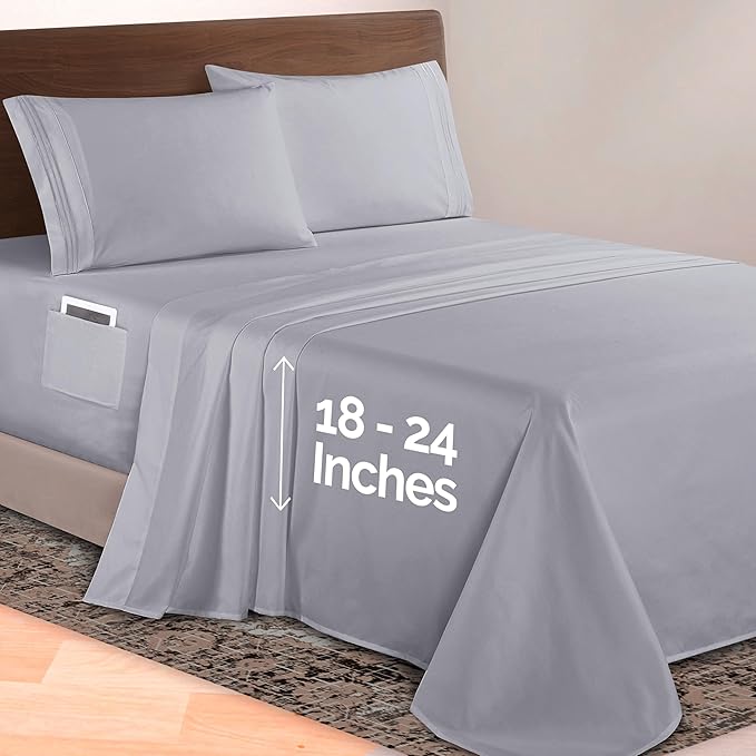 Elegant Comfort Luxurious 1500 Premium Hotel Quality Microfiber 4-Piece Sheet Set, 18-24 Inches Deep - Extra Deep Pocket Sheets - Ultra Soft 4PC Deep Pocket Sheets, Queen, Silver Gray
