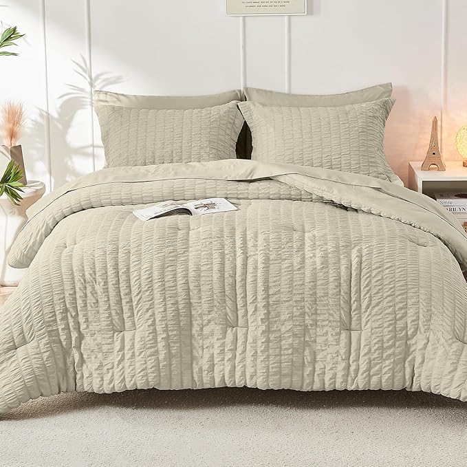 HYMOKEGE Light Linen California King Comforter Set Seersucker 7 Pieces, All Season Luxury Bed in a Bag for Bedroom, Bedding Set with Comforter, Sheets, Pillowcases & Shams