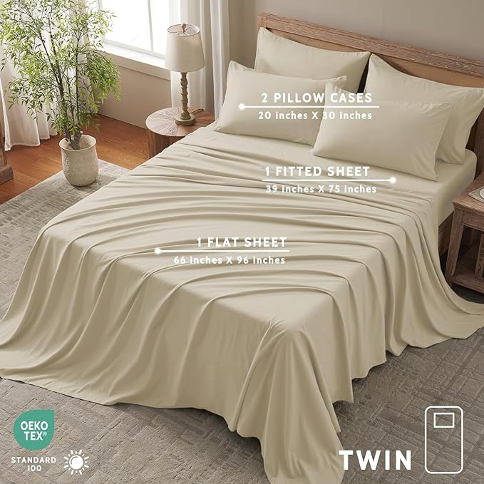 Twin Sheets Set - 4 Piece Soft Microfiber and Wrinkle Free Sheets - Easy Care, Extra Soft, Cooling Sheets - 1 Deep Pocket Fitted Sheet 1 Flat Sheet and 2 Pillowcases (Twin Beige)