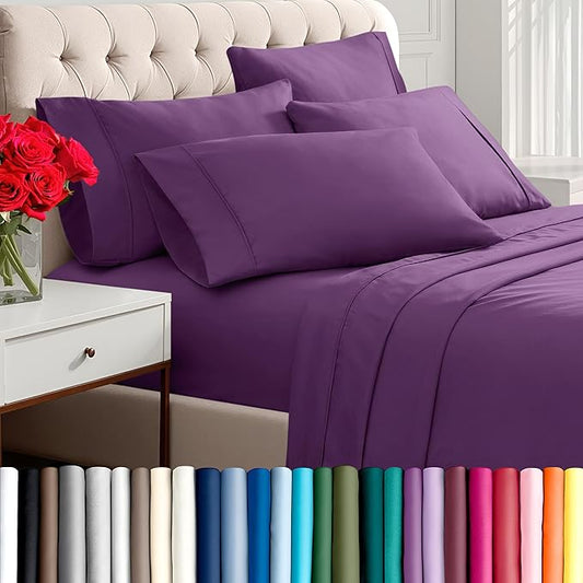 Bare Home Hotel Luxury Full XL Sheet Set, Extra Soft - 6 Piece Set - Deep Pockets - Easy Fit - Cooling & Breathable - Wrinkle, Fade, Stain Resistant - Includes 4 Pillowcases (Full XL, Plum)