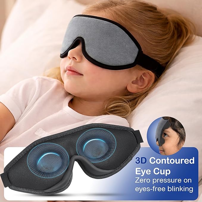 3D Sleep Mask for Kids, Light Block Sleeping Blindfold Memory Foam Contoured Eye Mask for Sleep, Adjustable Strap Eye Cover and Travel Sleep Mask for Boys Girls, Grey
