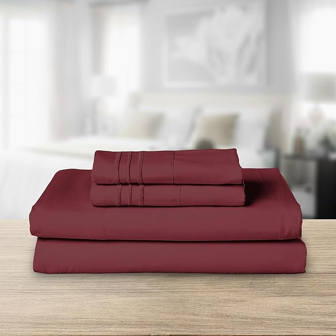 Elegant Comfort Luxurious 1500 Premium Hotel Quality Microfiber Three Line Embroidered Softest 4-Piece Bed Sheet Set, Wrinkle and Fade Resistant, Queen, Burgundy