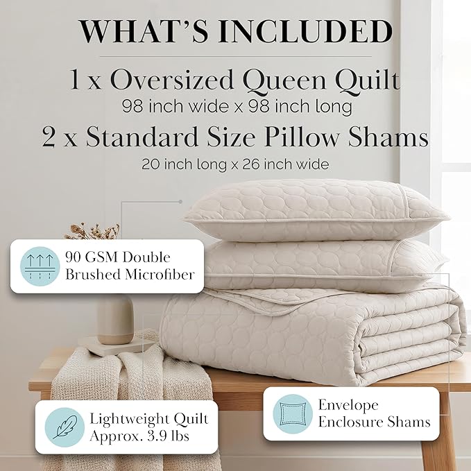 Southshore Fine Living, Inc. Quilted Summer Comforter, Queen Size Bedding Set with 2 Quilted Pillow Shams, Geometric Circle Design Coverlet, Queen/Full Size Bedspread, Lightweight Quilt, Bone