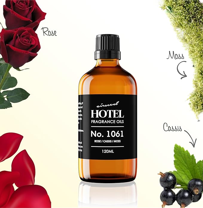 AirScent Hotel Diffuser Oil No. 1061 - Rose Cassis Moss - Premium Fragrance Oil for Ultrasonic and Waterless Diffusers and Crafting - 120 mL, 4 fl oz Glass Dropper Bottle